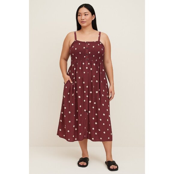 Torrid Women’s Size 1 Maroon Polka Dot Sleeveless Midi Dress with Smocked Bodice - Picture 7 of 7